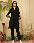 Pleated Crepe Kurta Set with Floral Embroidery & Lace-Hem Palazzo