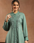 Viscose Rayon Kurti with Embroidered Placket & Lace-Trimmed Sleeves