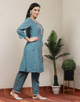 Solid A-Line Cotton Linen Kurta with Embroidery & Palazzo Set