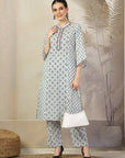 Abstract Printed A-Line Cotton Cambric Kurta with Embroidery & Palazzo