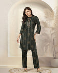 Floral Stripe Printed Rayon Kurta Set with Sequin Work