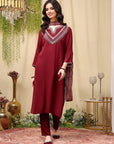 Thread Embroidered Rayon Kurta Set with Lace Sleeves & Printed Dupatta