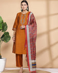 Solid A-Line Poly Silk Kurta, Palazzo & Printed Dupatta Set