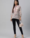 Floral Printed Longline Cotton Top with Mirror Embroidery
