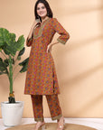 Floral Printed A-Line Cotton Kurta with Mandarin Collar & Palazzo