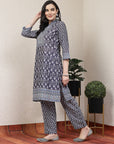 Ethnic Motif Printed A-Line Poly Muslin Kurta Set with Sewroskie Work