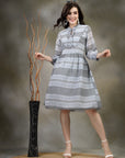 Floral Printed Poly Georgette Flared Dress with Mandarin Collar
