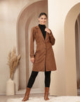 Suede Long Coat with Button Placket & Tab-Sleeve Detailing