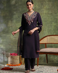 Crepe & Raschel Embroidered Kurta Set with Lace-Edged Mesh Dupatta