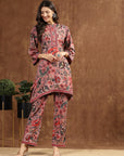 Pink Floral Rayon Co-ord Set with Bell Sleeves and Mandarin Collar