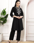 Black Embroidered Cotton Linen Kurta Set with Palazzo