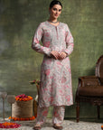 Wool Blend Floral Kurta Set with Zari Embroidery, Lace Detail & Solid Palazzo