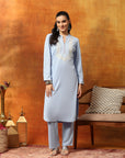 Wool Blend Embroidered Kurta Set with Mandarin Collar & Elasticated Palazzo