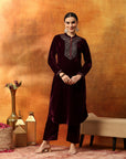 Velvet Kurta Set with Mandarin Collar & Zari Embroidered Yoke