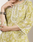 Floral Cotton Kurta Set with Button Placket & Lace-Detailed Palazzo Hem