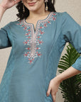Solid A-Line Cotton Linen Kurta with Embroidery & Palazzo Set
