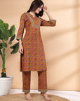 Floral Printed A-Line Cotton Kurta with Mandarin Collar & Palazzo