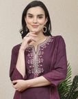 Solid A-Line Cotton Linen Kurta with Embroidery & Palazzo Set