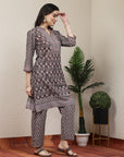 Ethnic Motif Printed A-Line Poly Muslin Kurta Set with Sewroskie Work