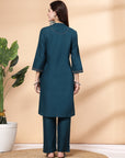 Thread Embroidered Straight Kurta Set with Lace Yoke & Palazzo