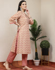 Ethnic Motif Printed Cotton Blend Straight Kurta Set with Chevron Palazzo