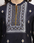 Geometric Printed A-Line Poly Chanderi Kurta Set with Dupatta
