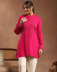 Solid A-Line Viscose Rayon Tunic with Embroidery & Lace Cuff