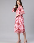 Floral Printed Chiffon Fit & Flare Midi Dress with Lace Detailing
