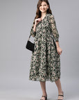 Floral Printed Chiffon Fit & Flare Midi Dress with Lace Detailing