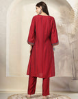 Self Dobby A-Line Poly Viscose Kurta Set with Lace Detailing & Dupatta