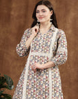 Beige High-Low Cotton Kurti with Geometric Print & Lace Shirt Collar