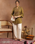 Olive Viscose Kurti with Mandarin Collar & Embroidered Yoke