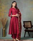 Solid Flared Silk Kurta Set with Banarasi Jacquard Dupatta