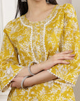 Floral Cotton Kurta Set with Button Placket & Lace-Detailed Palazzo Hem