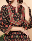 Floral Printed A-Line Cotton Kurta with Mandarin Collar & Palazzo