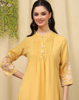 Pleated Crepe Kurta Set with Floral Embroidery & Lace-Hem Palazzo