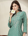 Bandhani Printed Poly Linen A-Line Kurta Set with Zari Embroidery