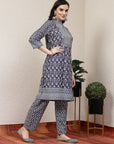 Ethnic Motif Printed A-Line Poly Muslin Kurta Set with Sewroskie Work