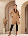 Suede Long Coat with Fur Collar & Sleeve Detailing