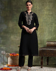 Poly Viscose Kurta Set with Zari-Embroidered Mandarin Collar