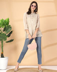 Cream embroidered georgette top with mandarin collar & 3/4th sleeves