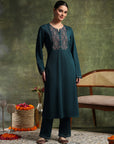 Wool Blend Calf-Length Kurta Set with Round Neck & Thread Embroidery