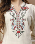 Kashmiri Embroidered Ivory Linen Kurta Set with Palazzo