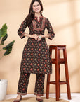 Floral Printed A-Line Cotton Kurta with Mandarin Collar & Palazzo