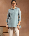 Solid Chiffon Tunic with Mirror Embroidery & Shirt Collar
