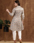Beige High-Low Cotton Kurti with Geometric Print & Lace Shirt Collar