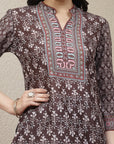 Ethnic Motif Printed A-Line Poly Muslin Kurta Set with Sewroskie Work