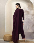 Solid Flared Poly Viscose Kurta Set with Embroidery & Chiffon Dupatta