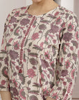 Floral Printed Cotton Kurta Set with Mirror Embroidery & Solid Palazzo