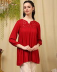 Solid A-Line Viscose Rayon Tunic with Mirror Embroidery